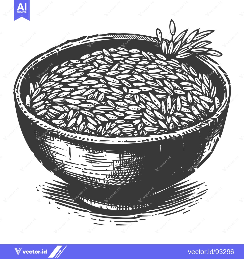Premium Vector of A wooden bowl filled with grain and some plant sprigs