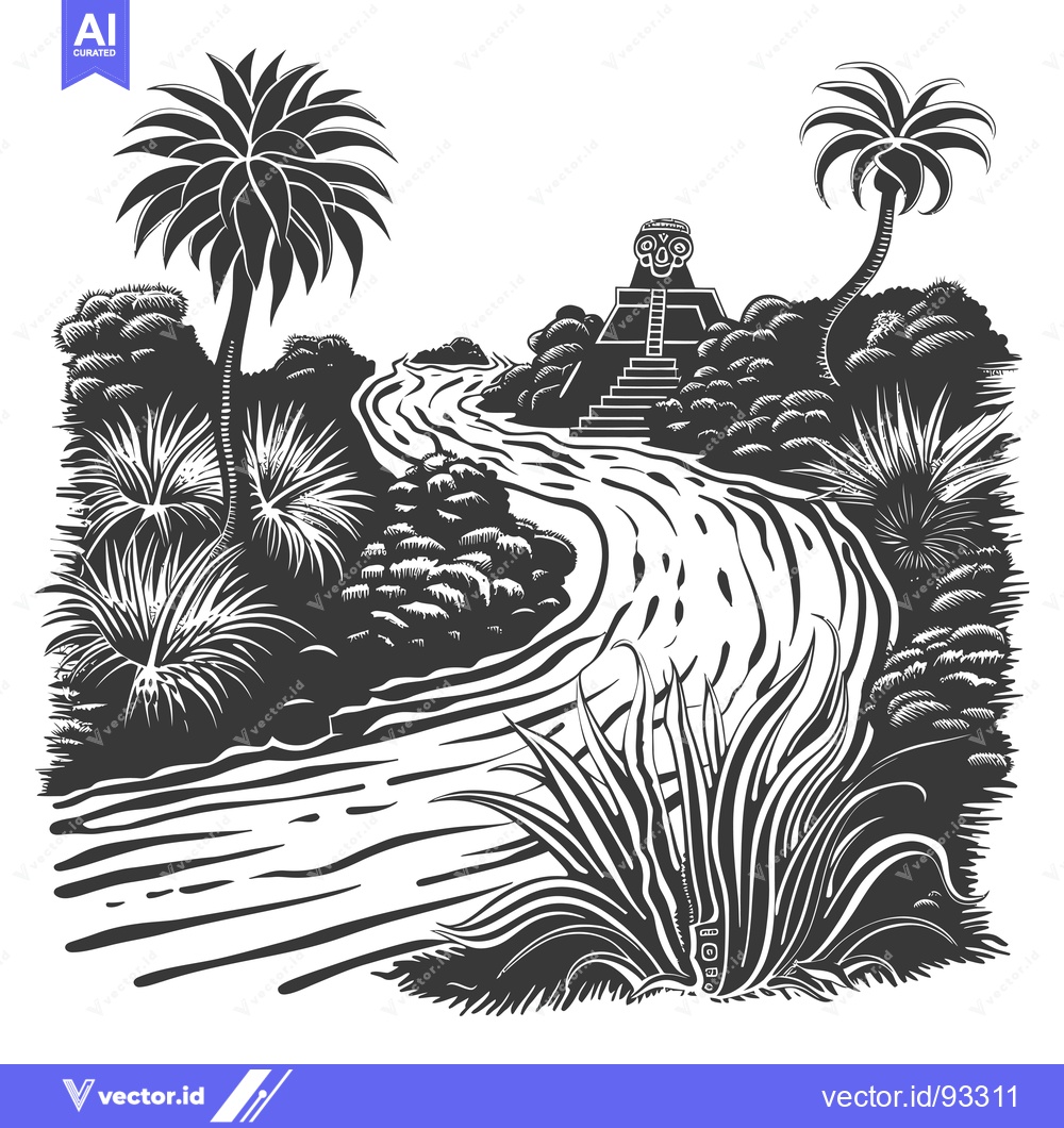 Premium Vector of River Flowing Through a Tropical Jungle with an Ancient Structure