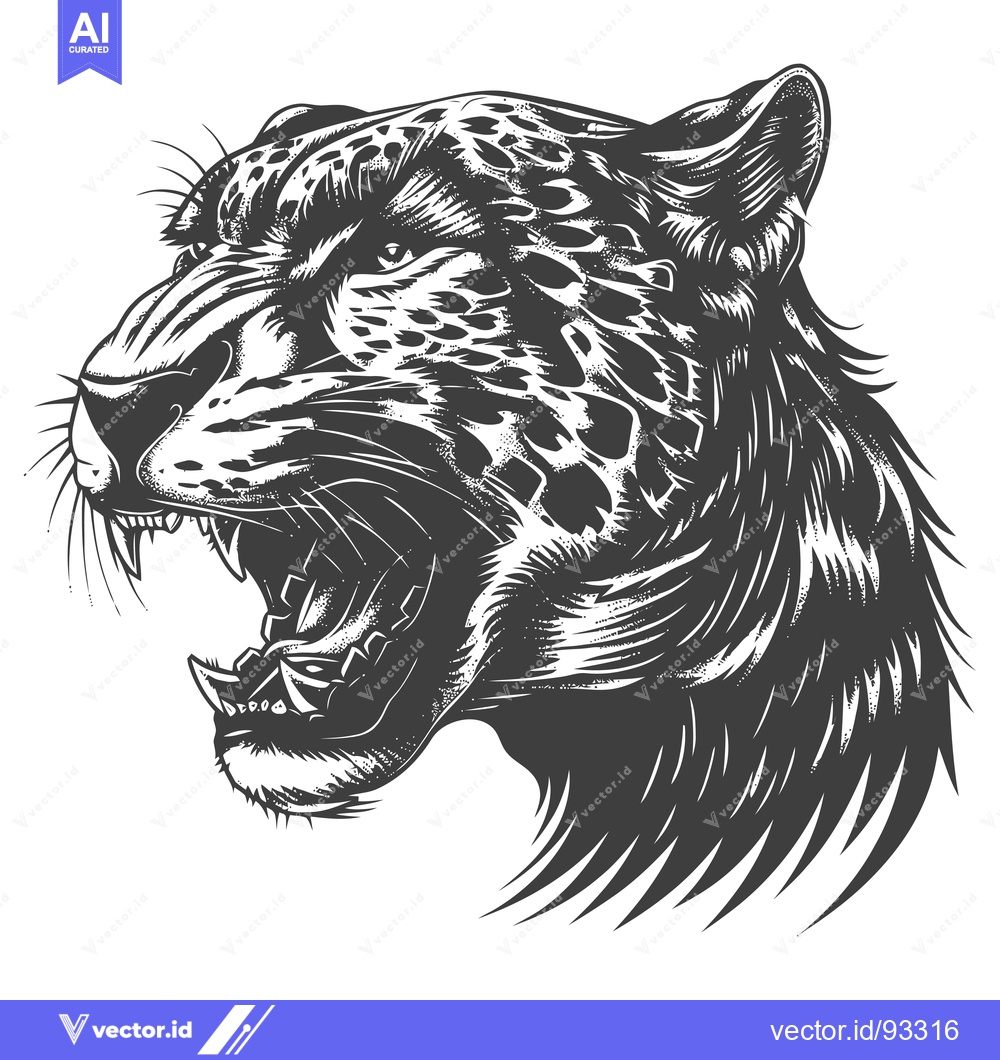 Premium Vector dari Roaring Leopard Head in Black and White Illustration