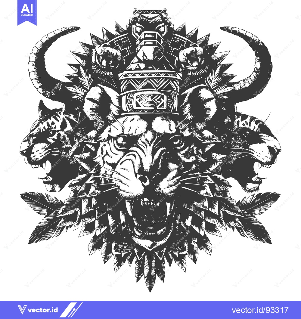Premium Vector of Roaring Tiger Head with Tribal Crown and Feathers