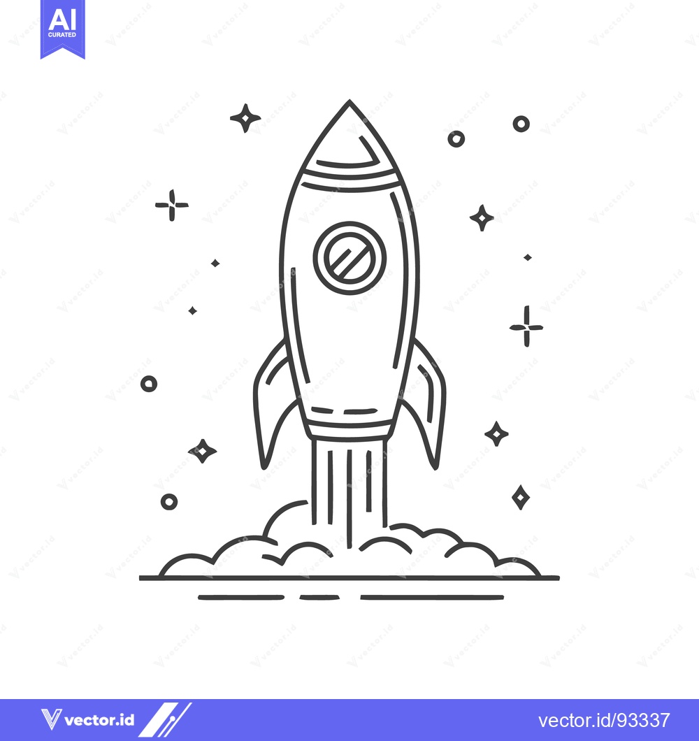 Premium Vector dari Rocket Launching into Space, Line Art Illustration, Stars and Circles