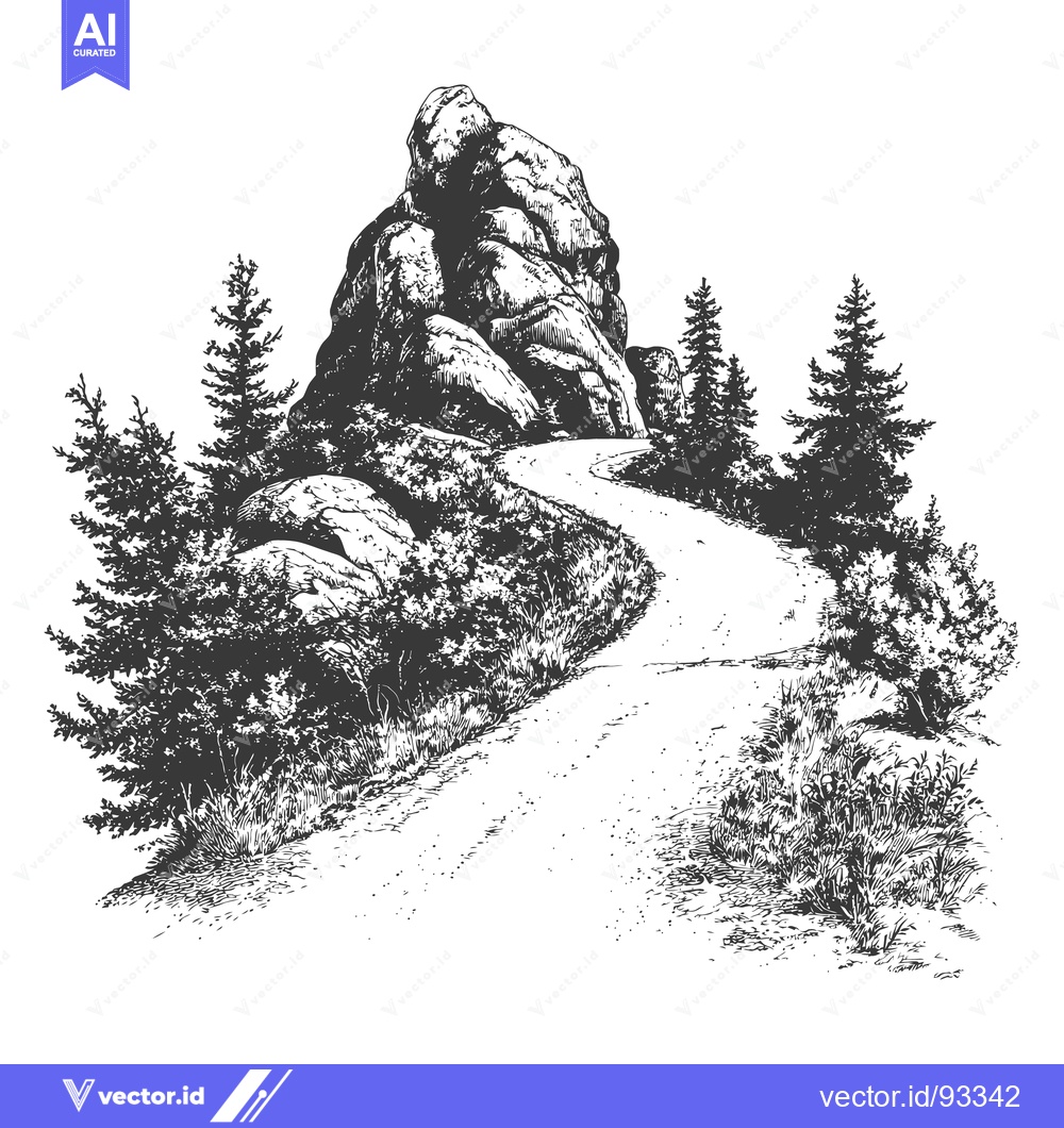 Premium Vector dari A winding road leads towards a large rocky mountain landscape