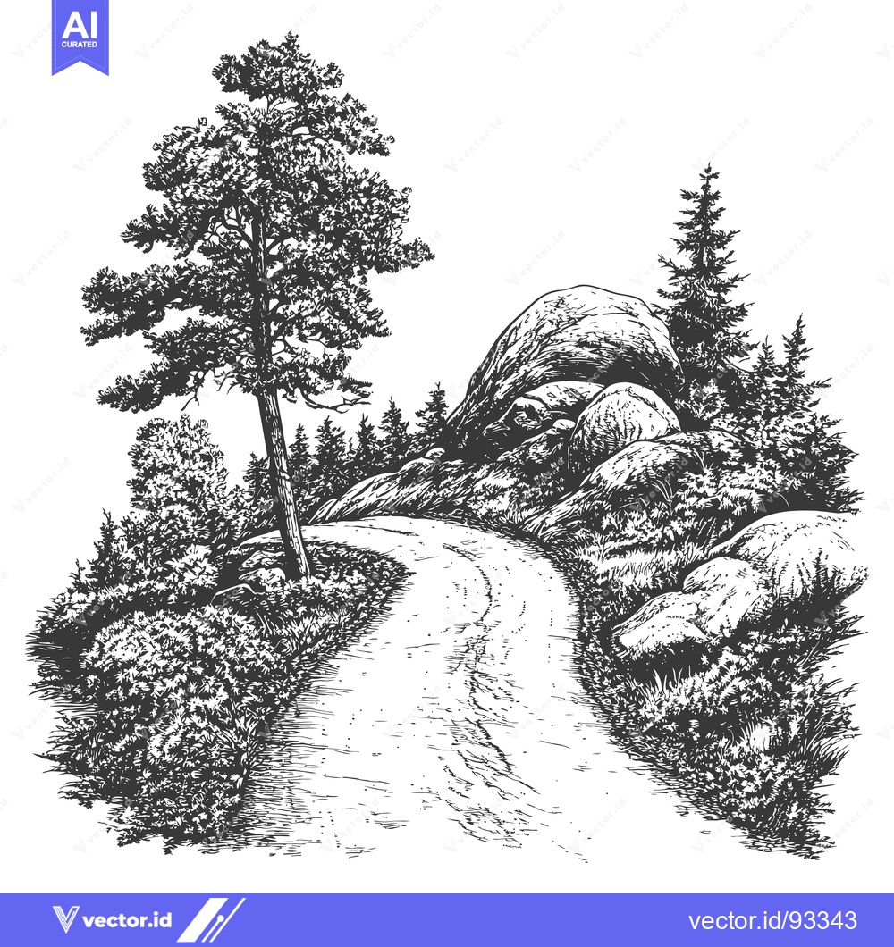 Premium Vector dari The winding rural road passes beside large rocks and trees