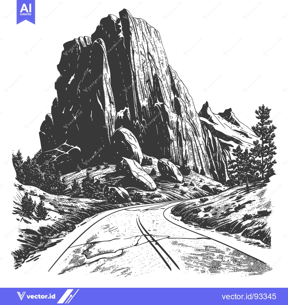 Premium Vector dari A winding road leads towards imposing rocky mountain structures