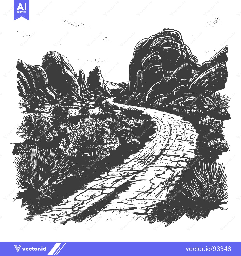 Premium Vector of Winding road passes large rocky formations through arid desert landsca
