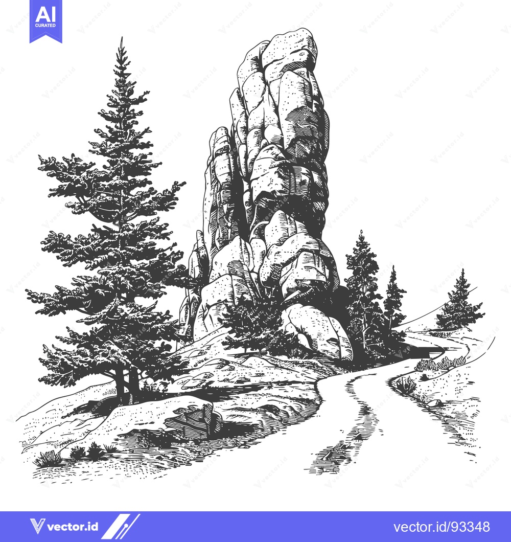 Premium Vector dari A detailed black and white drawing of a mountain landscape scene