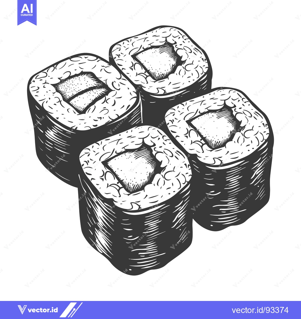 Premium Vector of A detailed artistic depiction of four pieces of sushi rolls