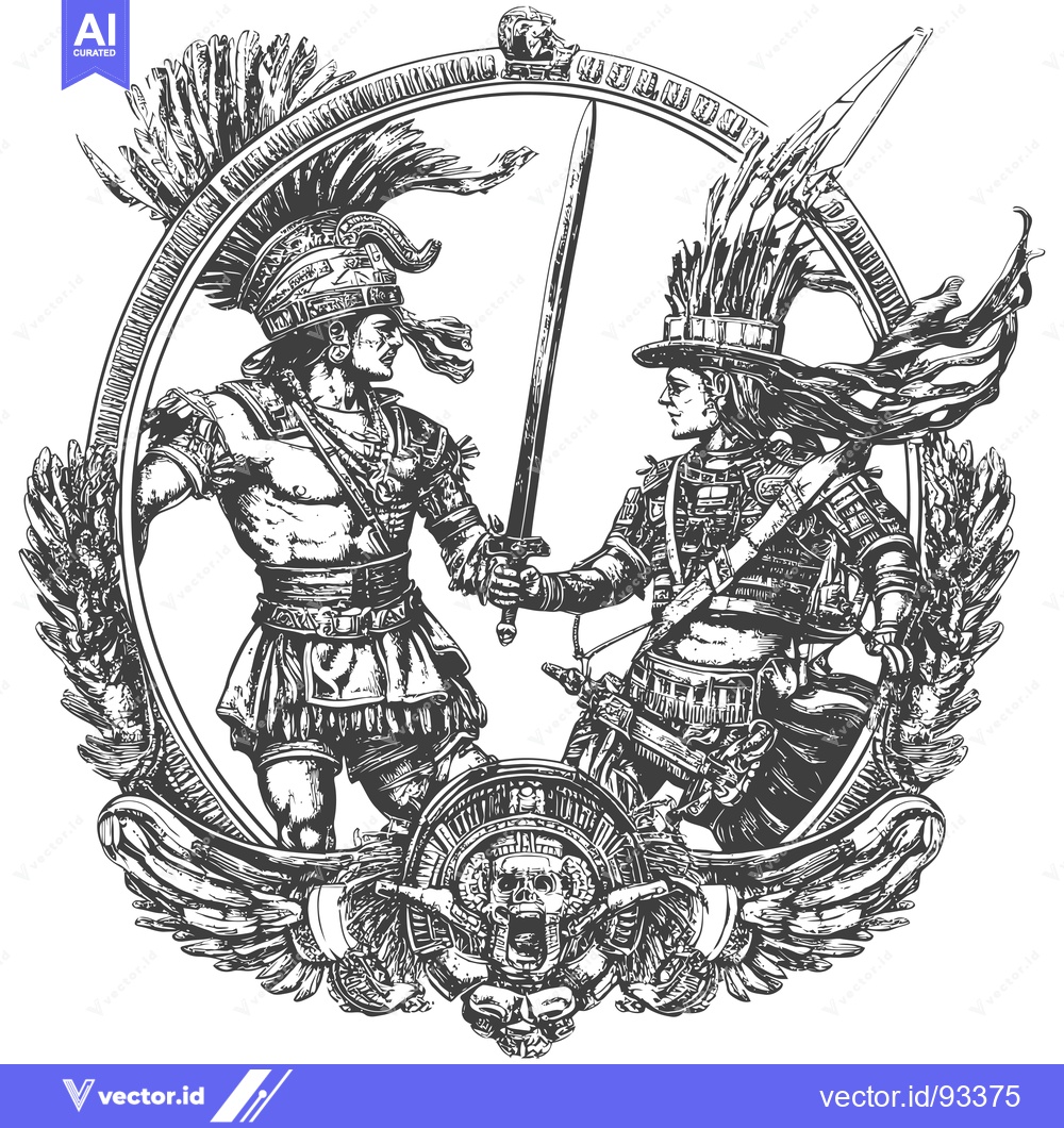 Premium Vector of Roman and Aztec Warrior Confrontation with a Skull Motif