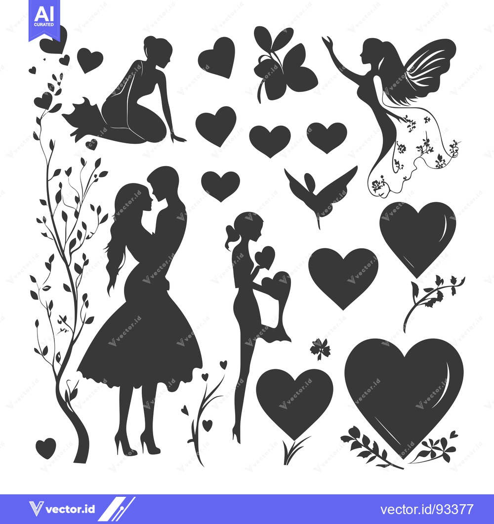 Premium Vector dari Romantic Couple, Fairy, and Hearts Silhouettes
