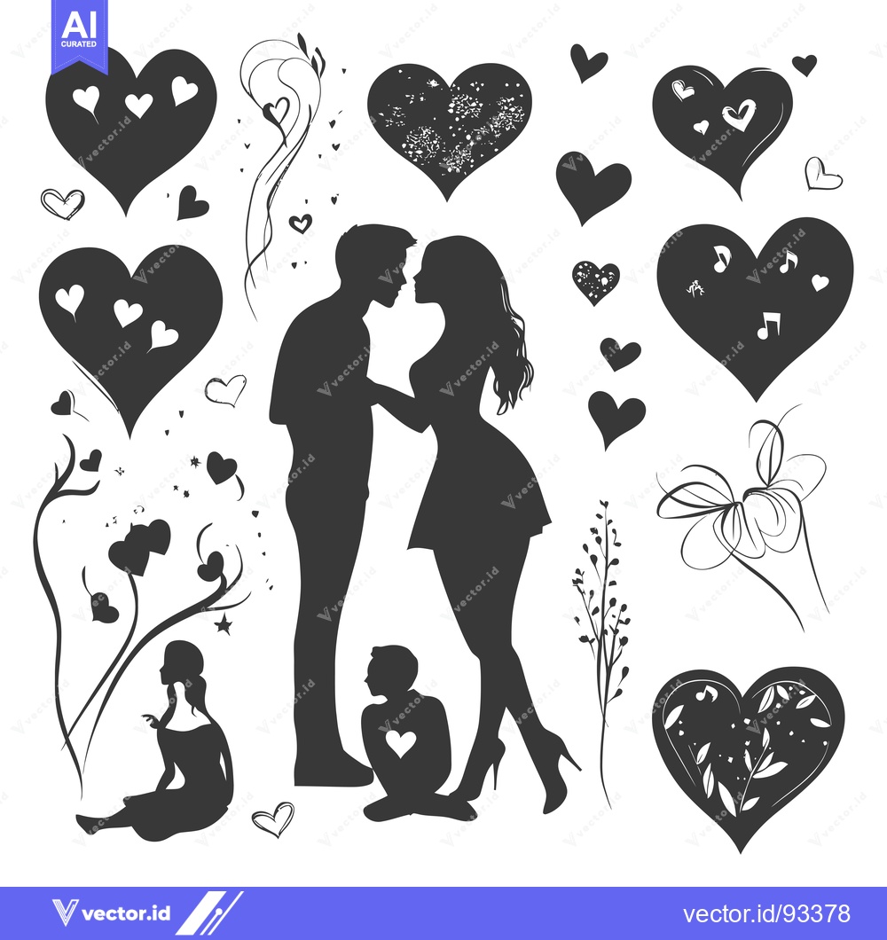 Premium Vector of Romantic Couple Silhouette Surrounded by Hearts and Floral Designs