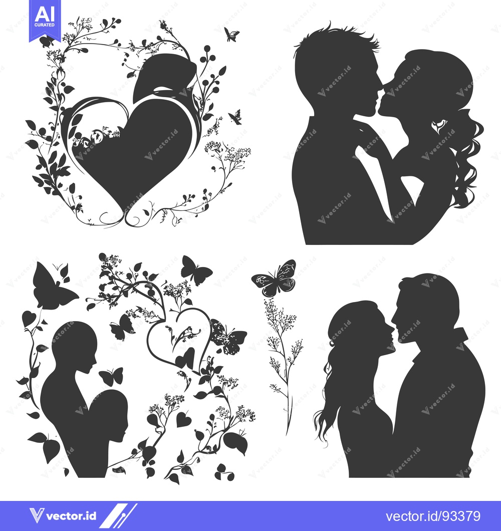 Premium Vector of Romantic Couple Silhouettes with Floral Accents and Butterflies