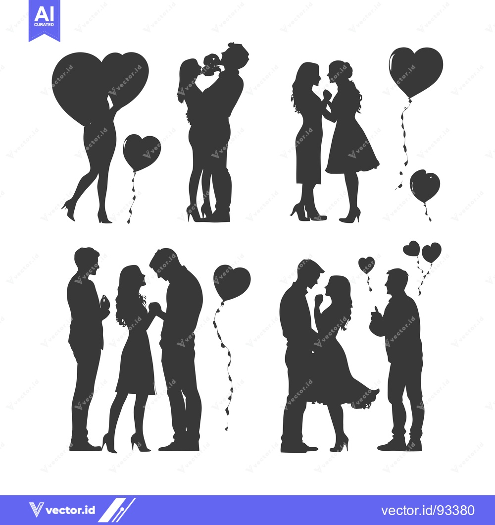 Premium Vector dari Romantic Couple Silhouettes with Heart-Shaped Balloons