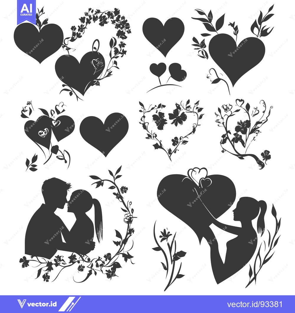 Premium Vector dari Romantic Heart Designs with Floral Elements and a Couple Silhouette