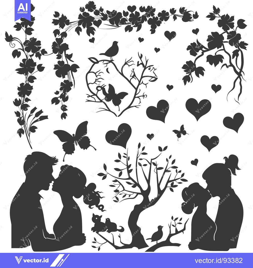 Premium Vector dari Romantic Silhouette Couple with Floral and Heart Motifs