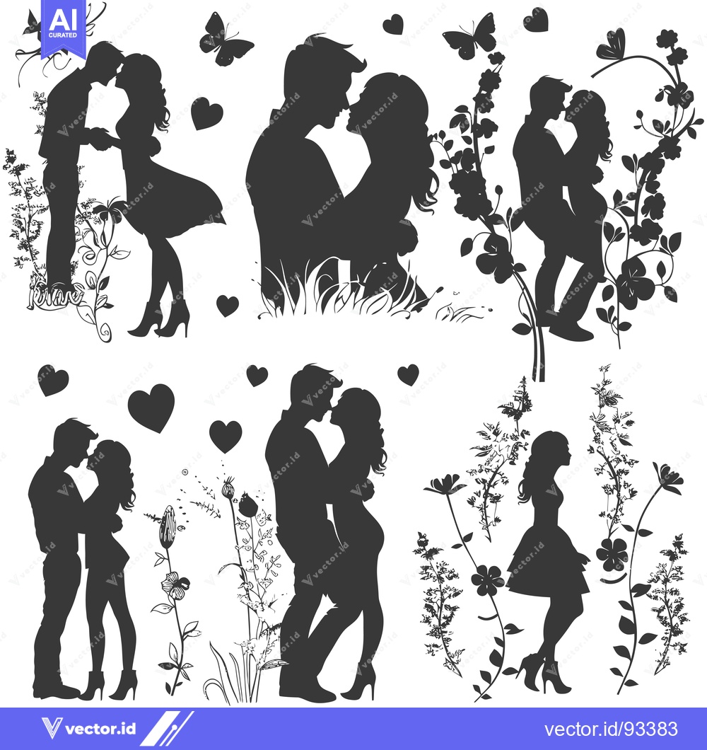 Premium Vector dari Romantic Silhouettes of Couples Embracing Amidst Floral Designs