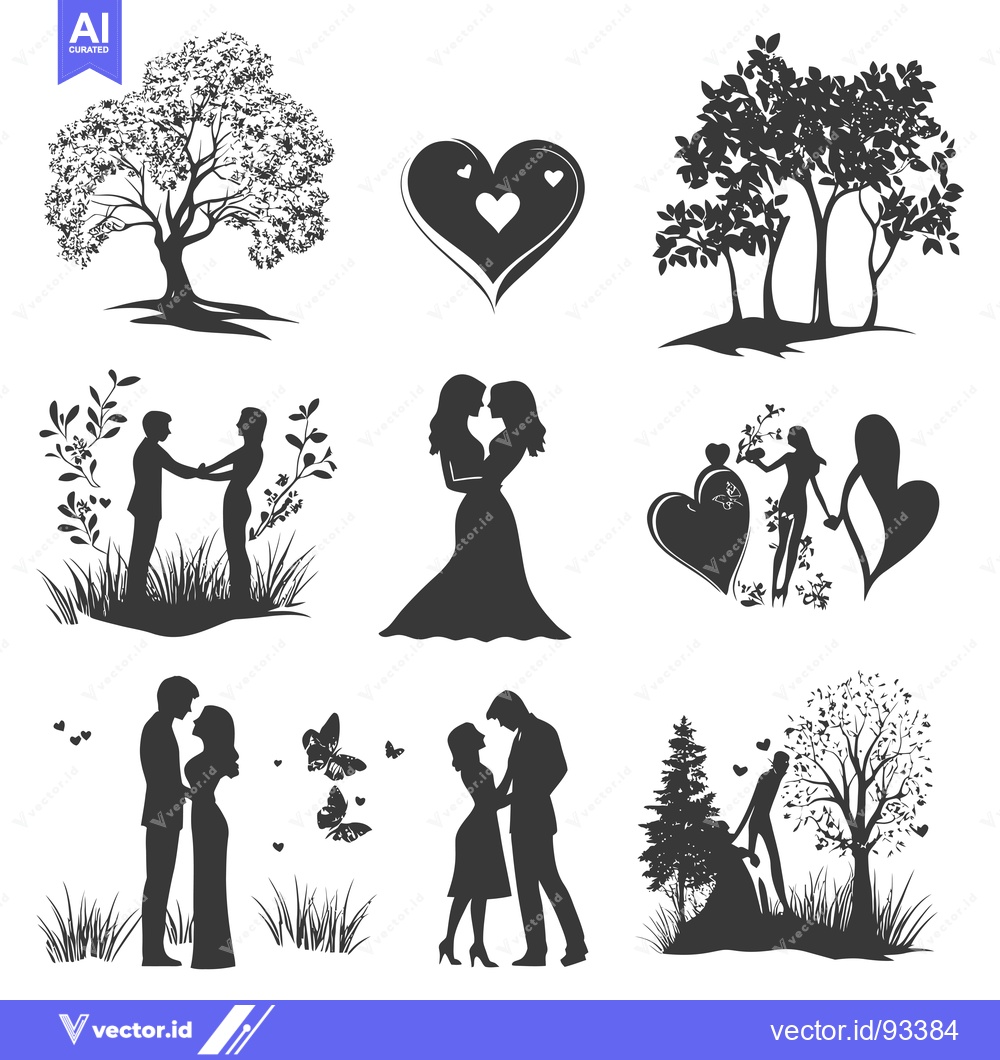 Premium Vector of Romantic Silhouettes of Couples in Nature with Hearts and Butterflies