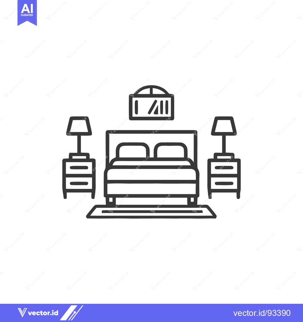Premium Vector dari Minimalist Bedroom Line Art: Bed, Nightstands, Lamps, and Wall Decor