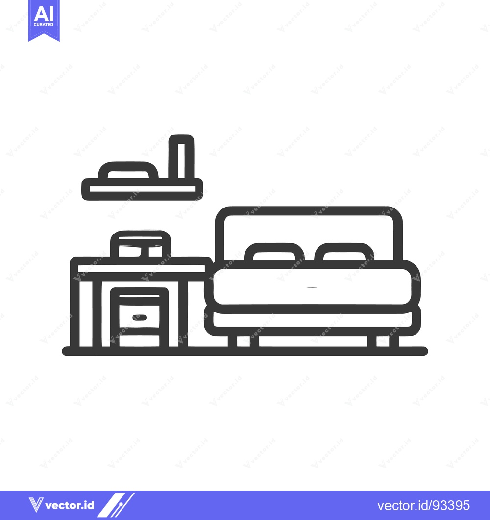 Premium Vector dari Bedroom Interior Outline: Bed, Desk, Shelf, Minimalist Design