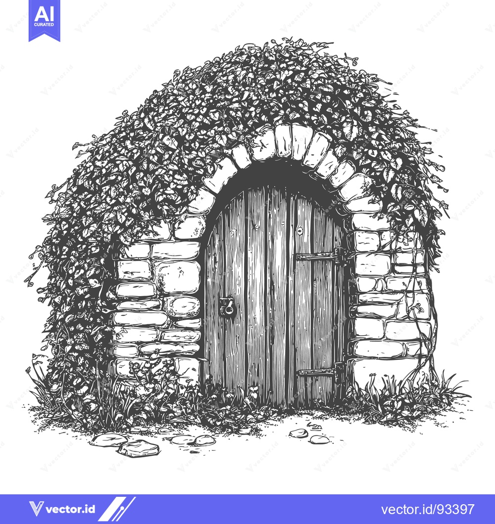 Premium Vector of An arched wooden door is covered in lush green foliage growth
