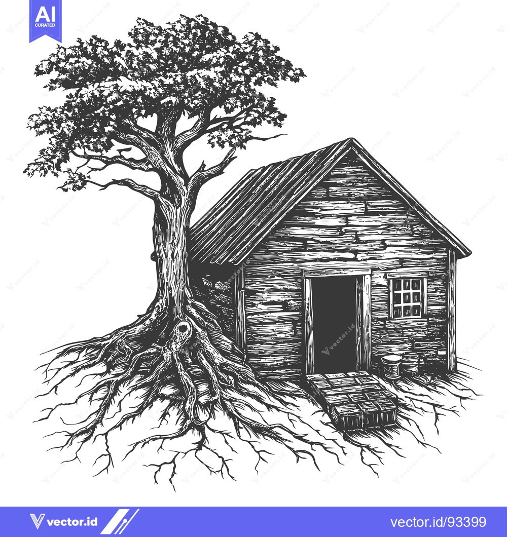 Premium Vector dari A detailed illustration features an old rustic cabin and large tree