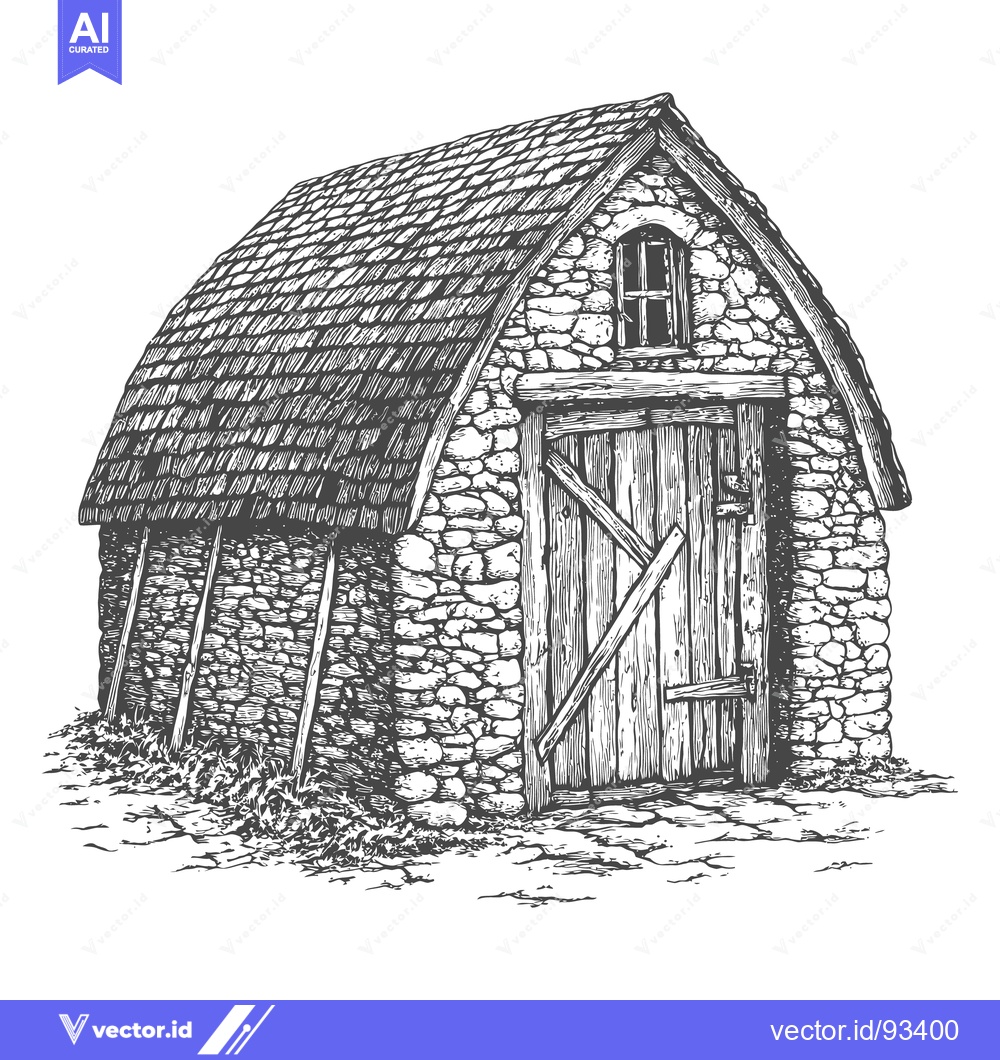 Premium Vector dari A Detailed Black and White Illustration of a Stone Barn