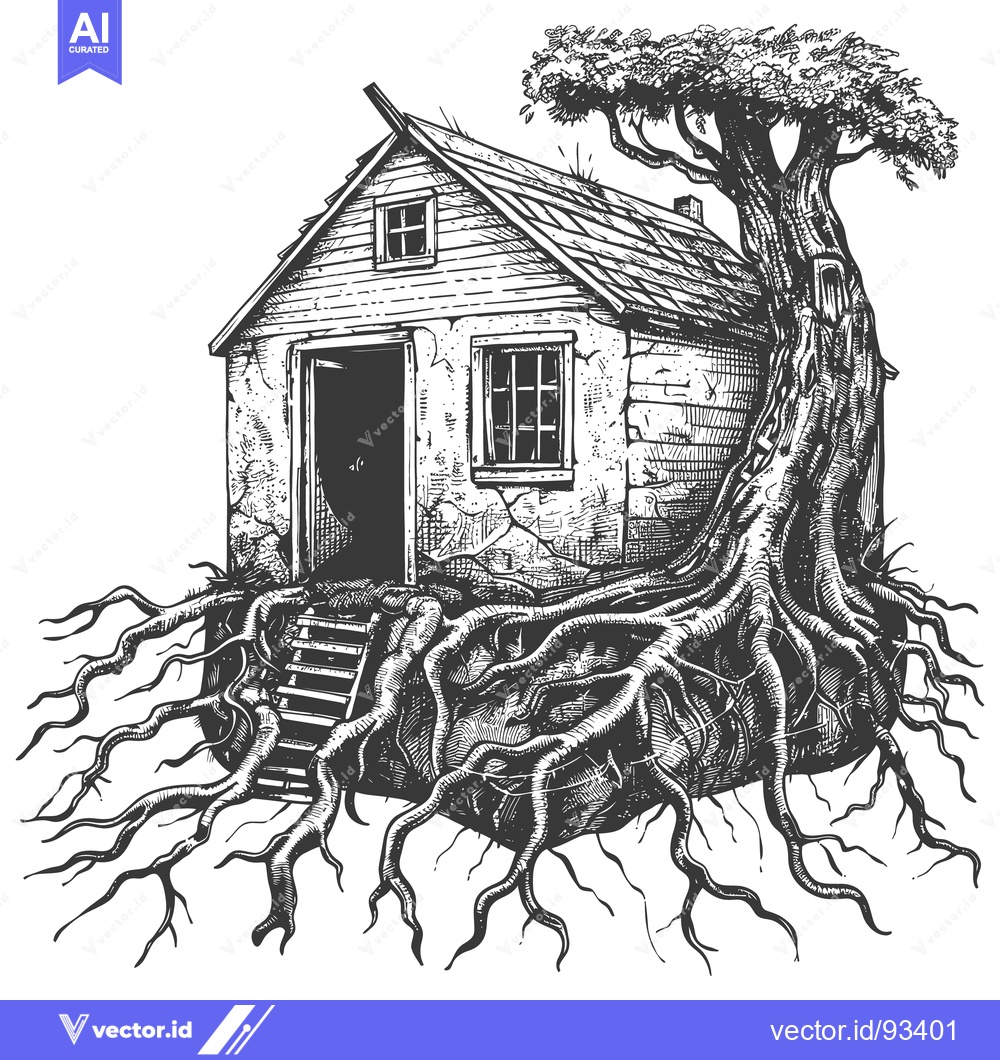 Premium Vector of A small house grows roots from a tree in artistic illustration