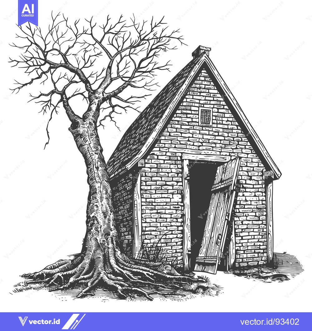 Premium Vector of A grayscale line art illustration depicting a rustic building and tree