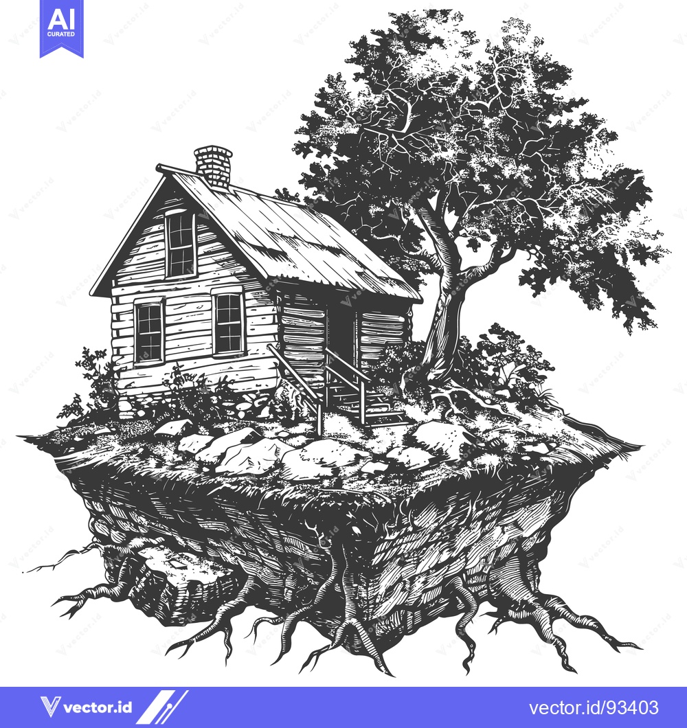 Premium Vector dari A small cabin with a tree growing on a floating land mass
