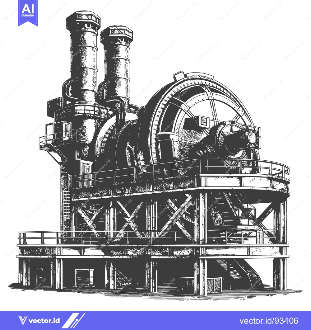 Premium Vector dari Industrial machine with smokestacks and a large circular wheel stands