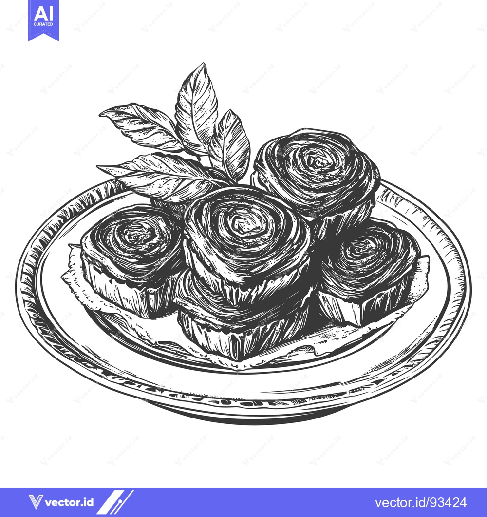 Premium Vector dari Detailed black and white drawing of pastry rolls on a plate