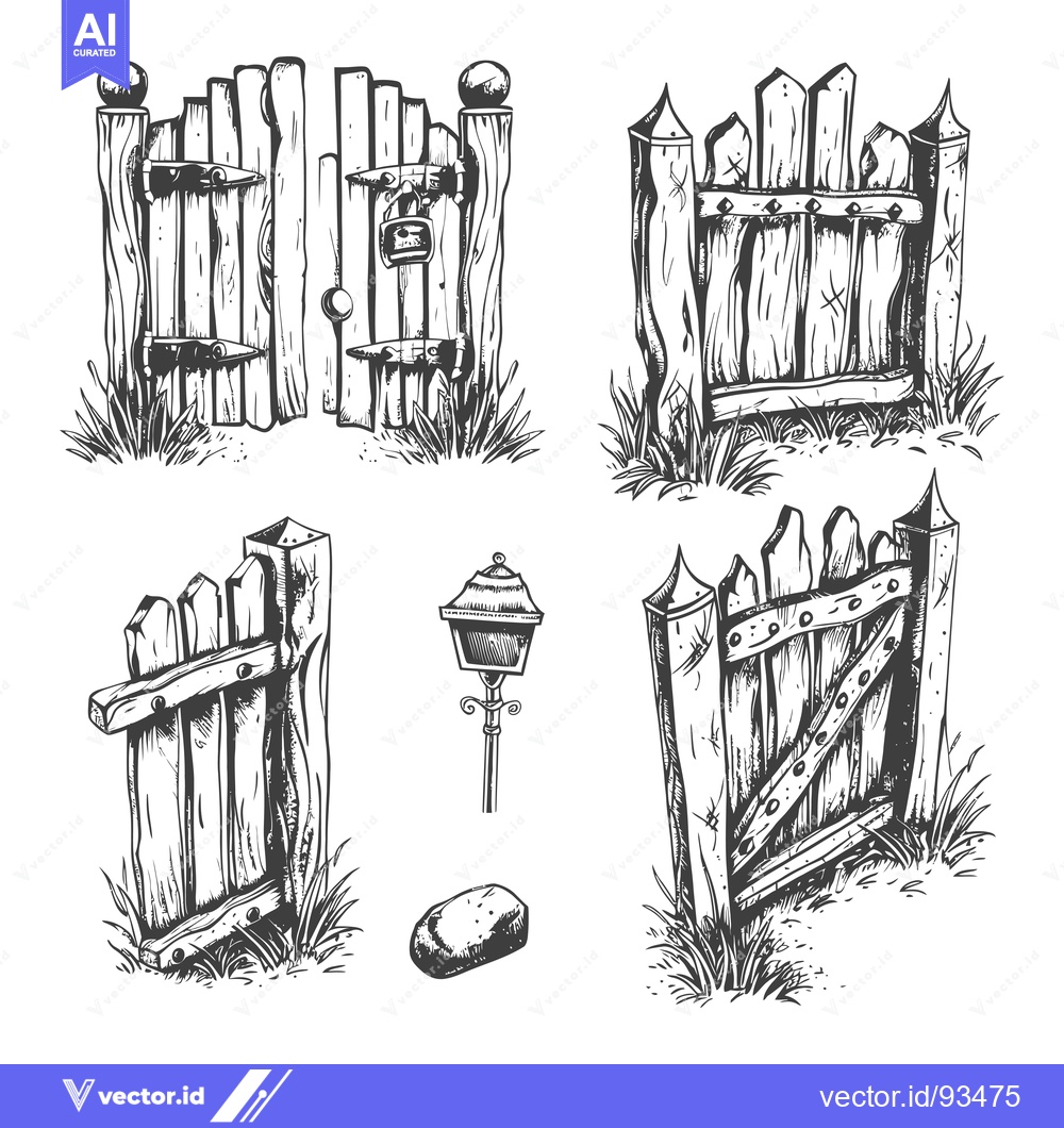 Premium Vector dari Rustic Wooden Gates and Fence Elements with Grass, a Lamp Post and a R