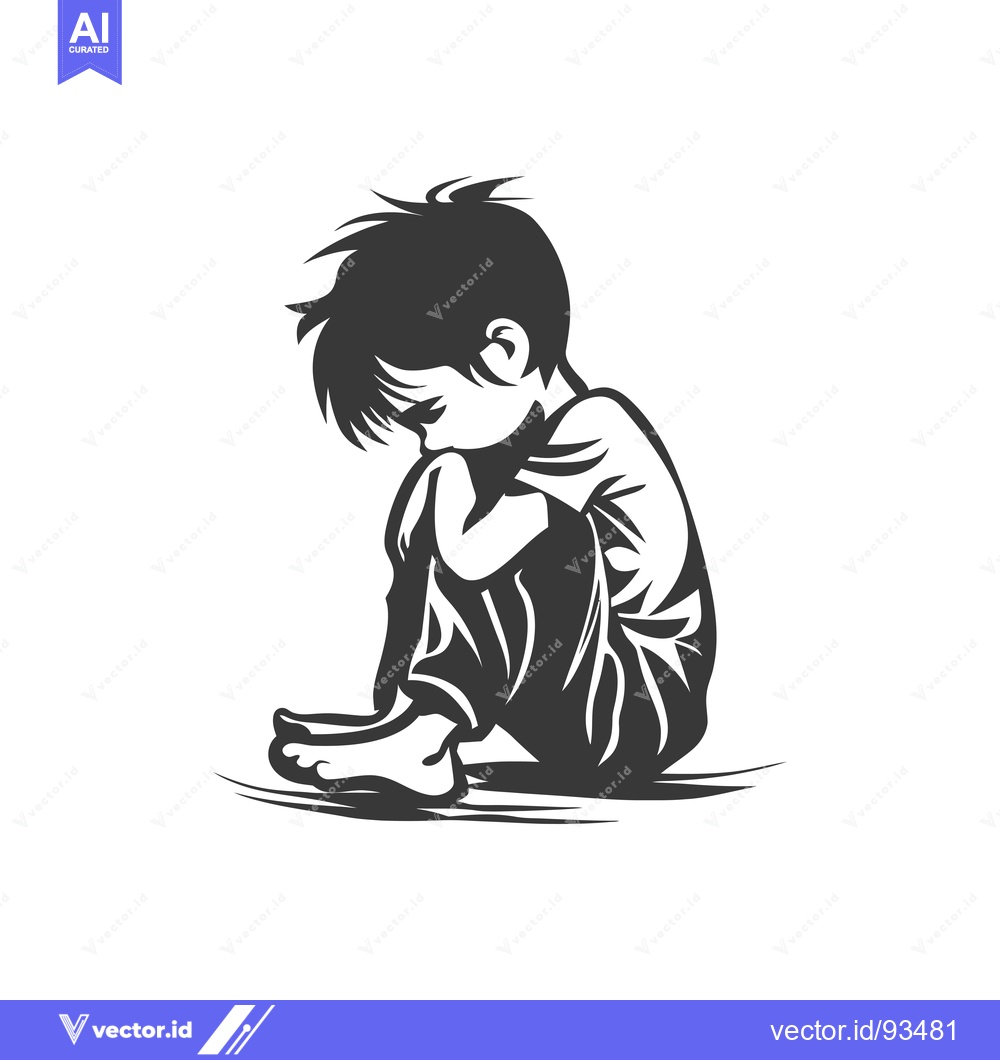 Premium Vector of Sad Boy Sitting with Arms Around Knees