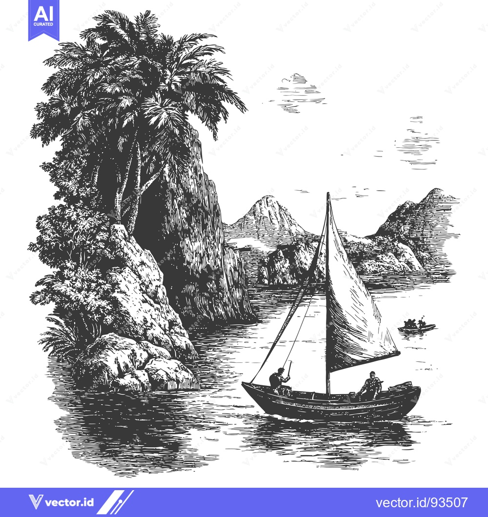 Premium Vector of Sailboat Navigating Through a Lush Tropical Inlet