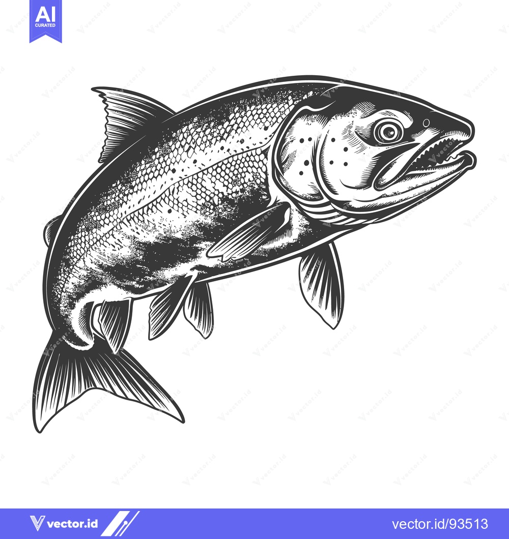 Premium Vector dari Detailed grayscale illustration featuring a salmon fish angled slightl