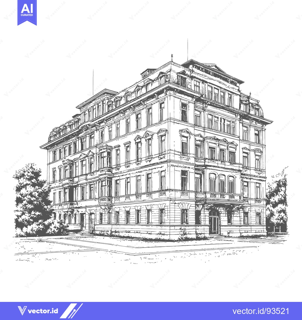 Premium Vector dari A Detailed Architectural Illustration of a Large Building with Trees