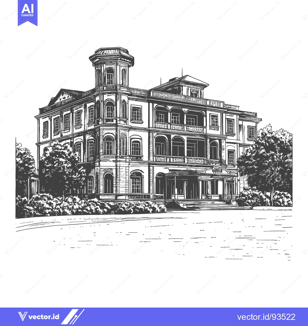 Premium Vector of Detailed black and white illustration of a large stately mansion build