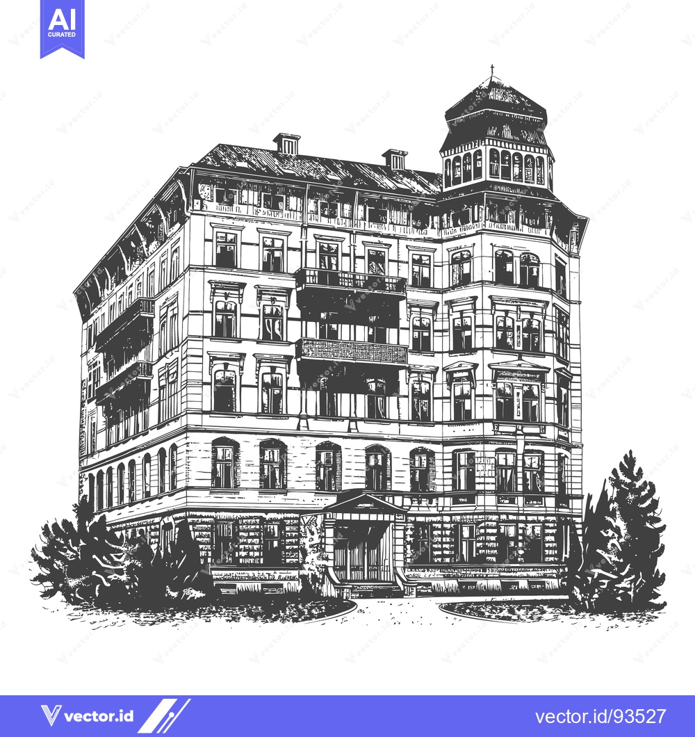 Premium Vector dari Detailed architectural illustration of a multi story building with tre