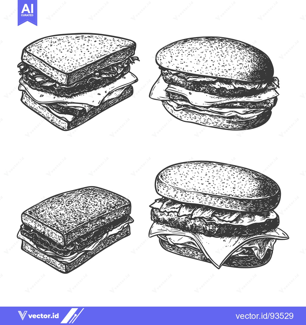 Premium Vector dari Four different types of sandwiches in a detailed grayscale drawing