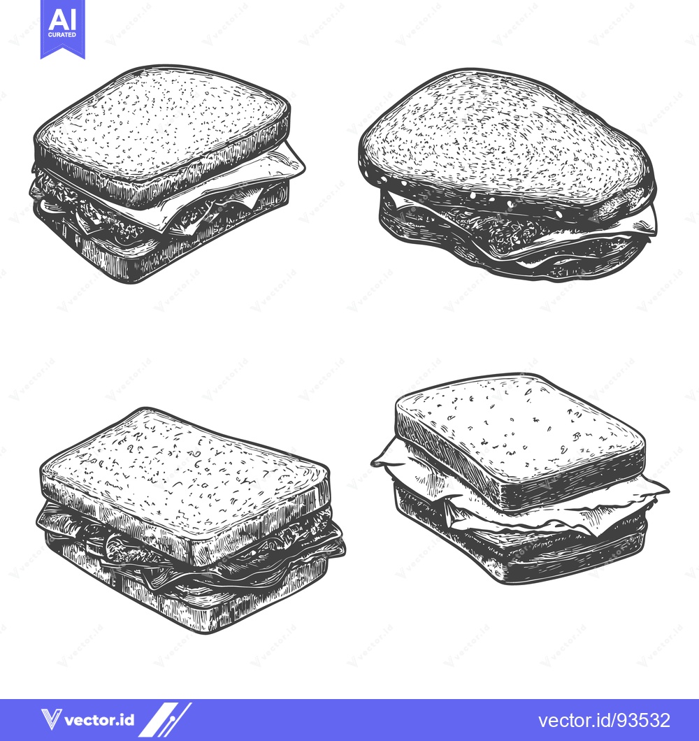 Premium Vector dari Four different sketched sandwiches with varying ingredients in detail
