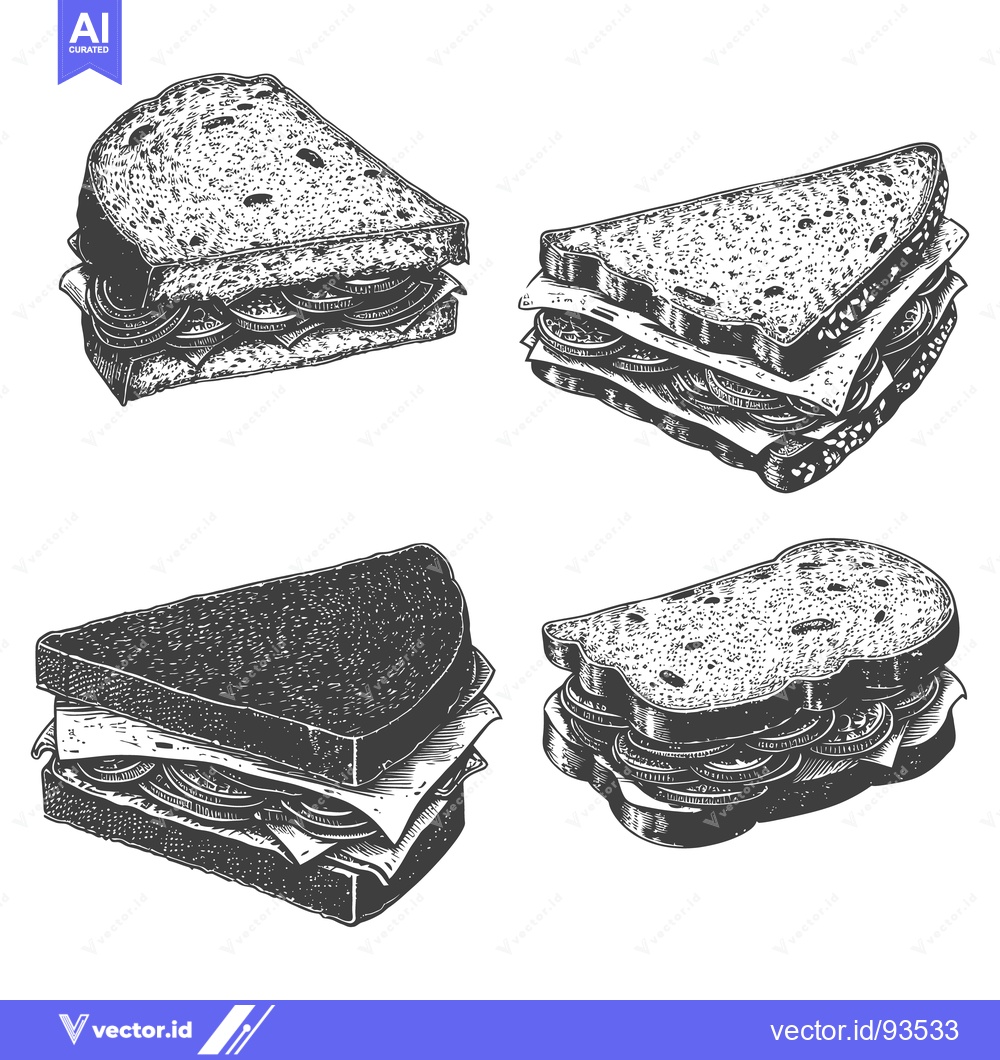 Premium Vector dari Four detailed illustrations showcasing various sandwich arrangements a