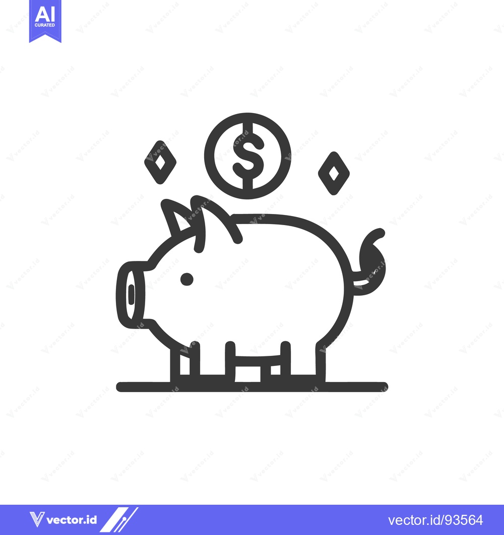 Premium Vector dari Piggy Bank Icon with Dollar Coin and Sparkles, Line Art Style