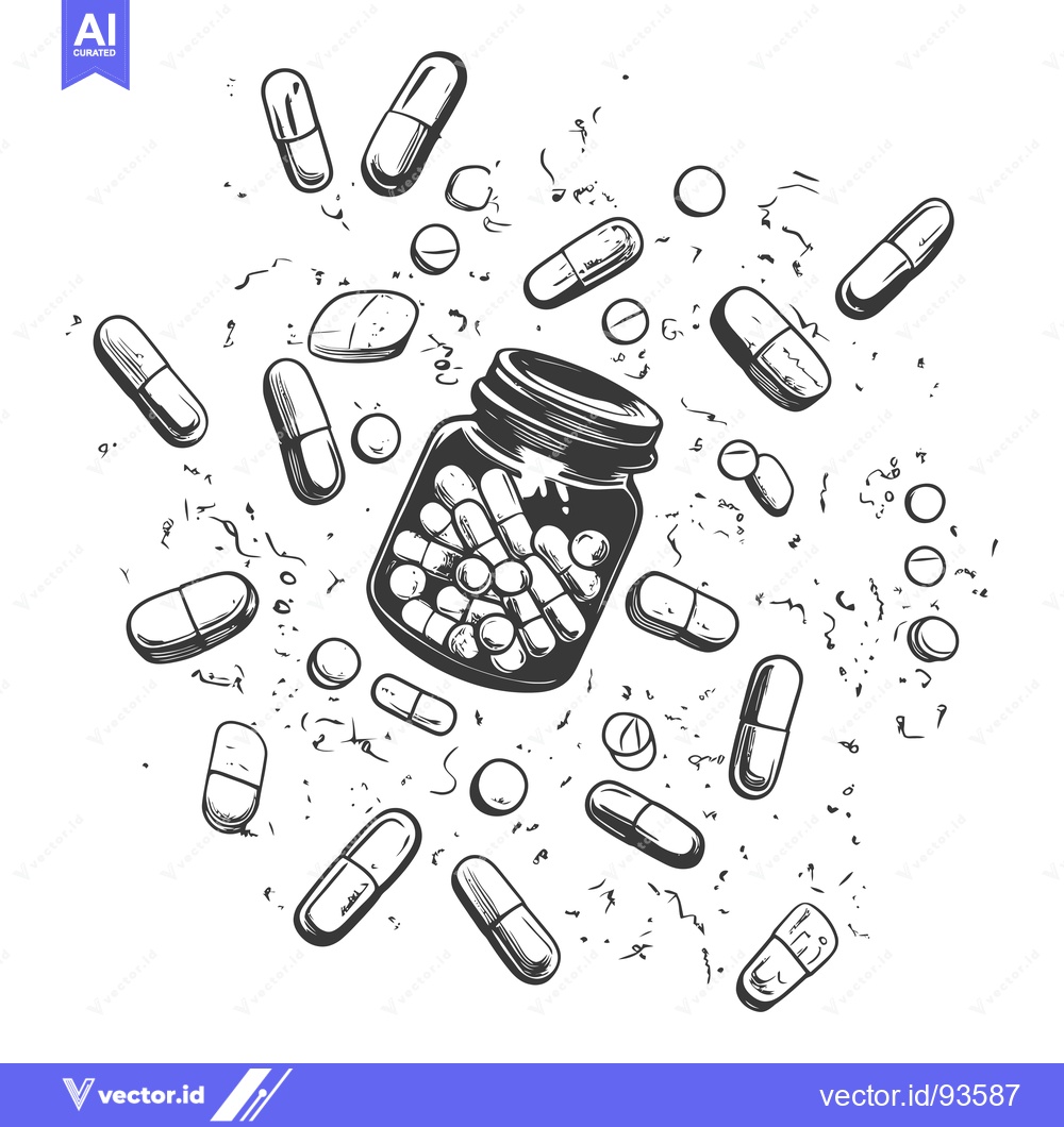 Premium Vector of Scattered Pills and a Jar Overflowing with Capsules