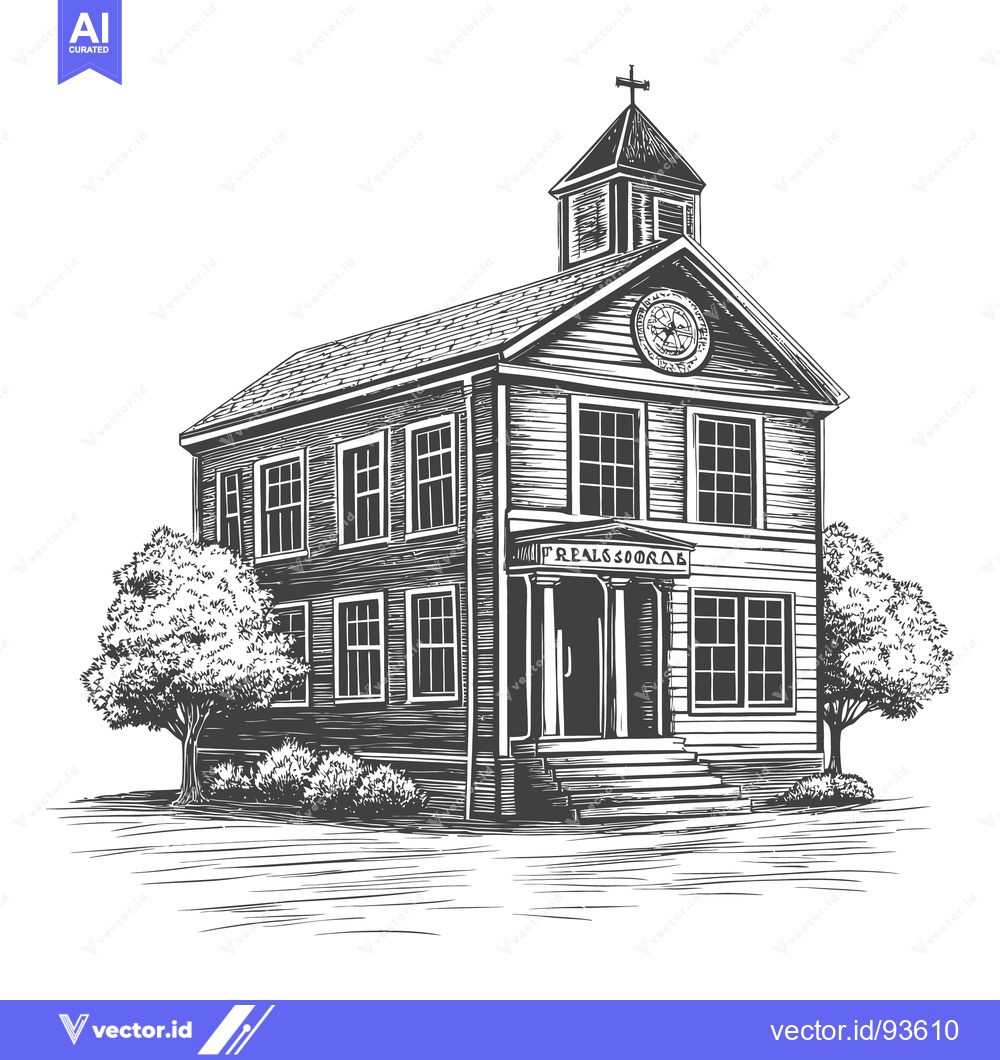 Premium Vector dari Black and white illustration of a vintage building with trees