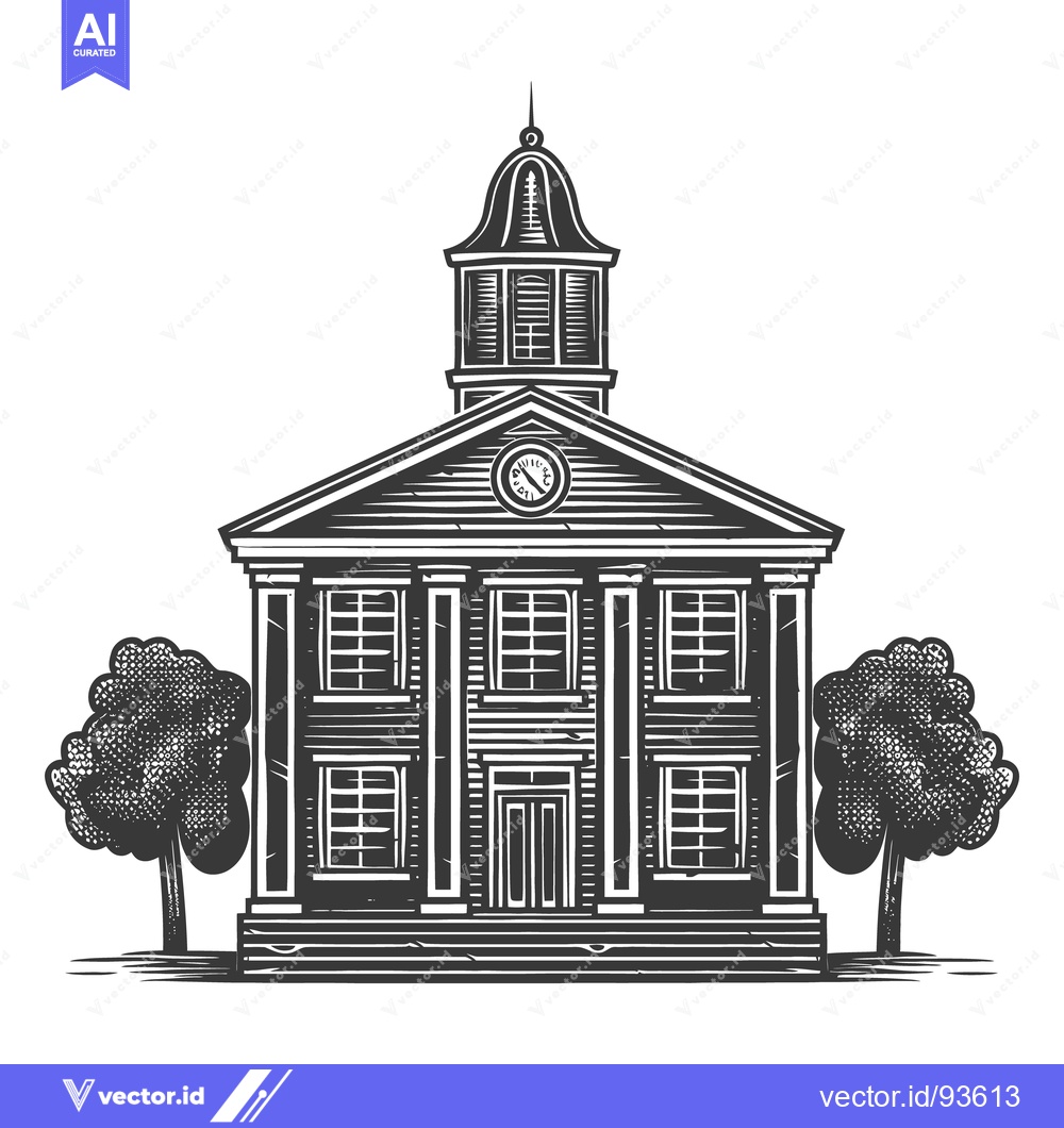 Premium Vector of Detailed illustration depicting a classical building with clock and tr