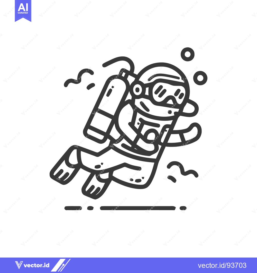 Premium Vector of Stylized Scuba Diver Illustration with Bubbles and Seaweed in Black an