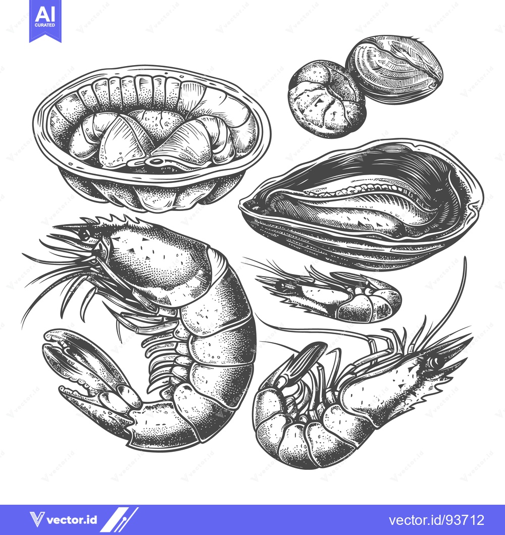 Premium Vector of A detailed monochrome drawing depicting several types of seafood