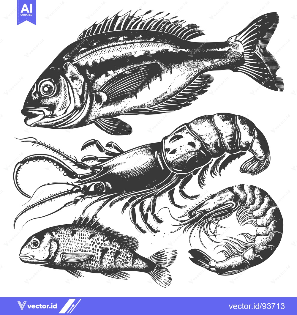 Premium Vector of Detailed black and white illustrations of multiple sea creatures displ