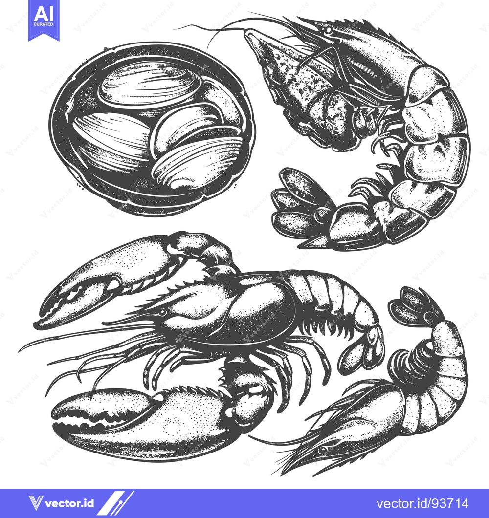Premium Vector of An artistic depiction of various seafood crustaceans and shellfish