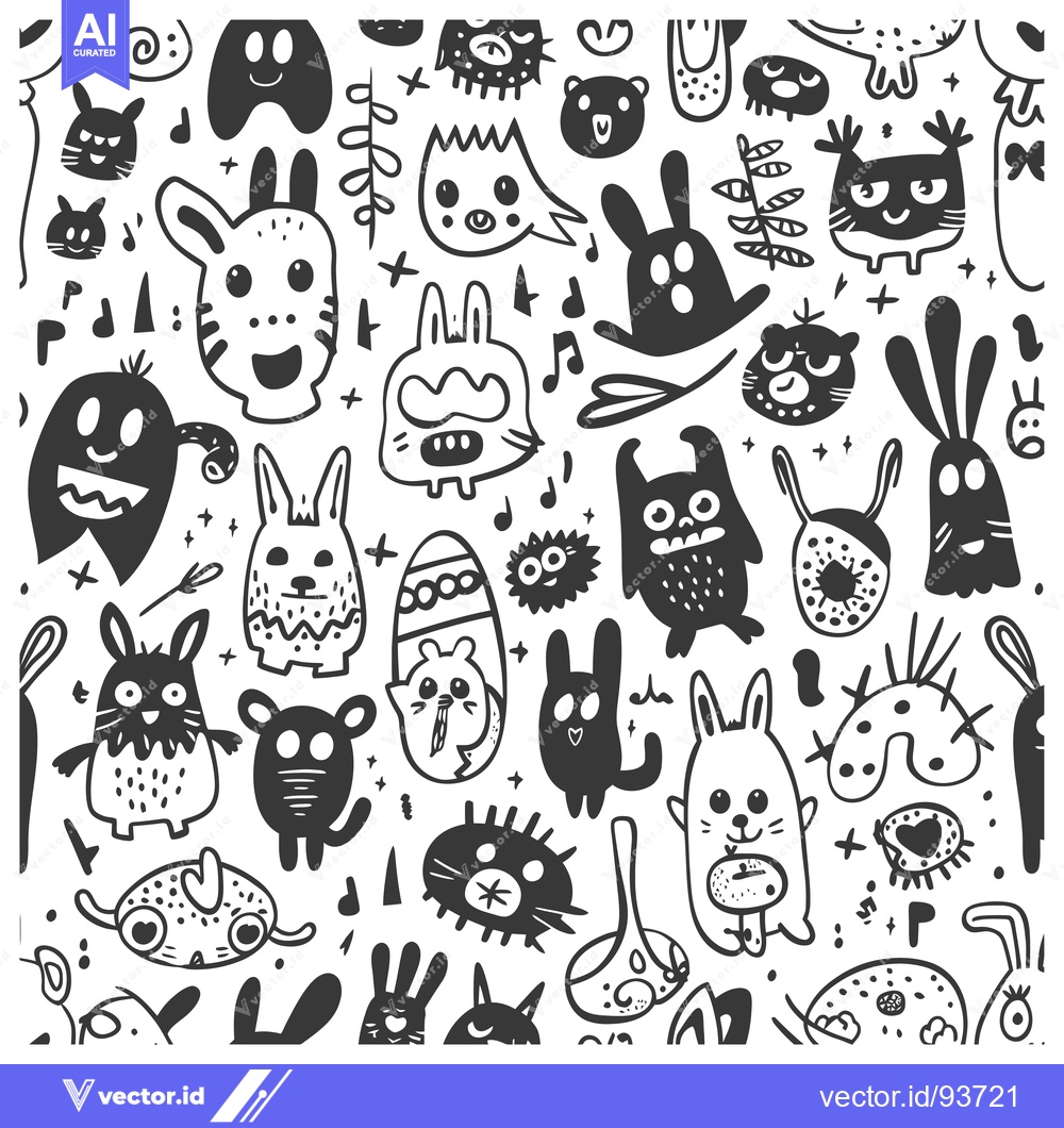 Premium Vector dari Seamless Pattern with Hand-Drawn Cute Cartoon Creatures and Elements