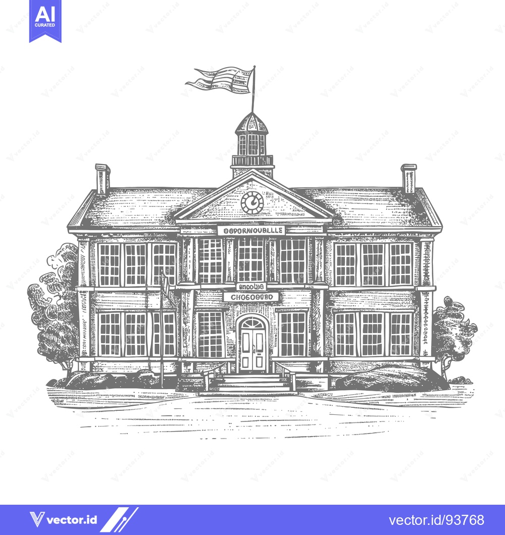 Premium Vector dari An old building drawing with flag and clock is displayed